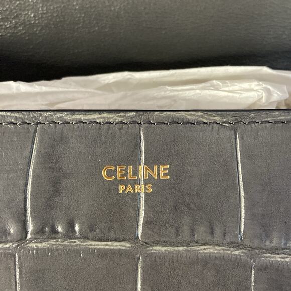 Authentic Celine Women Gray Anthracite Croc Embossed Leather Tassel Handbag - Picture 11 of 15
